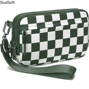Women Nylon Quilted Wristlet Wallet 4 Zipper Travel Organizer Adjustable Checkered Strap Phone Card Purse