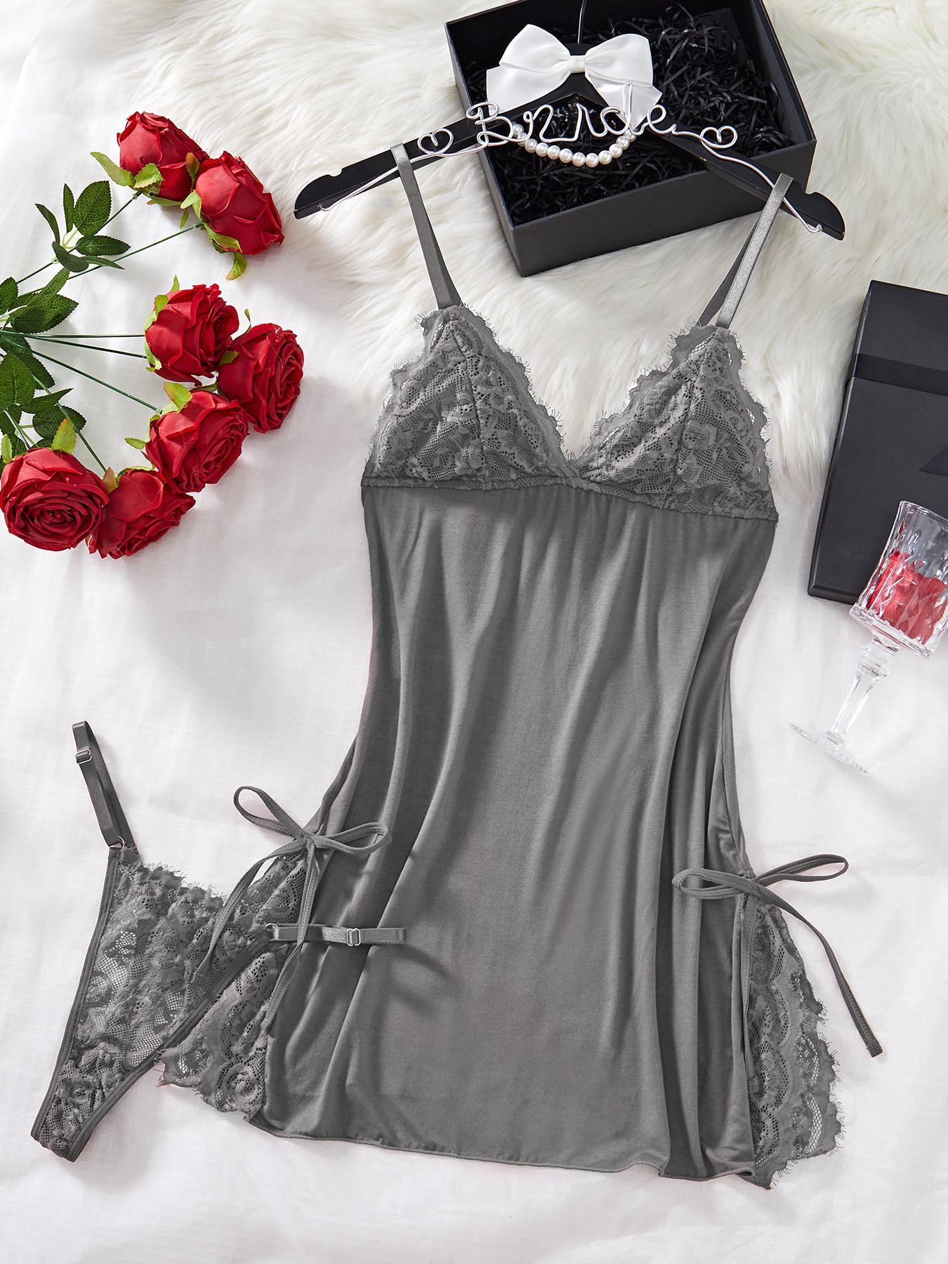 Women's Bow Decor Contrast Lace Cami Nightdress & Thong Set, Comfy Sexy Fitted Lingerie for All Seasons, Fashion Ladies Sleepwear & Homewear