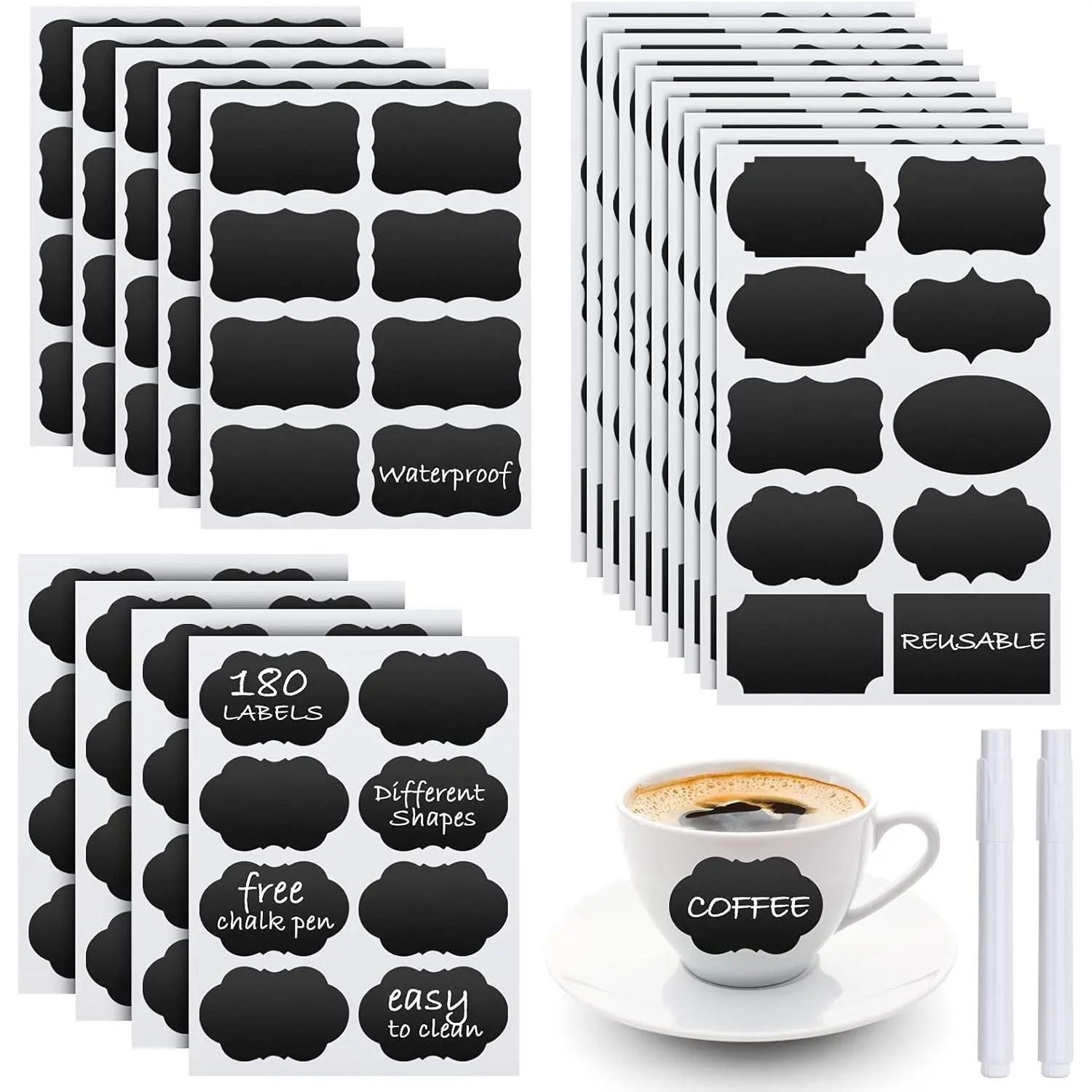 Chalkboard Labels - 180 count   Blackboard Stickers with 2 Free Erasable White Chalk Marker, Mini Decorative Chalk Labels for Jars Containers Kitchen  Pantry Office