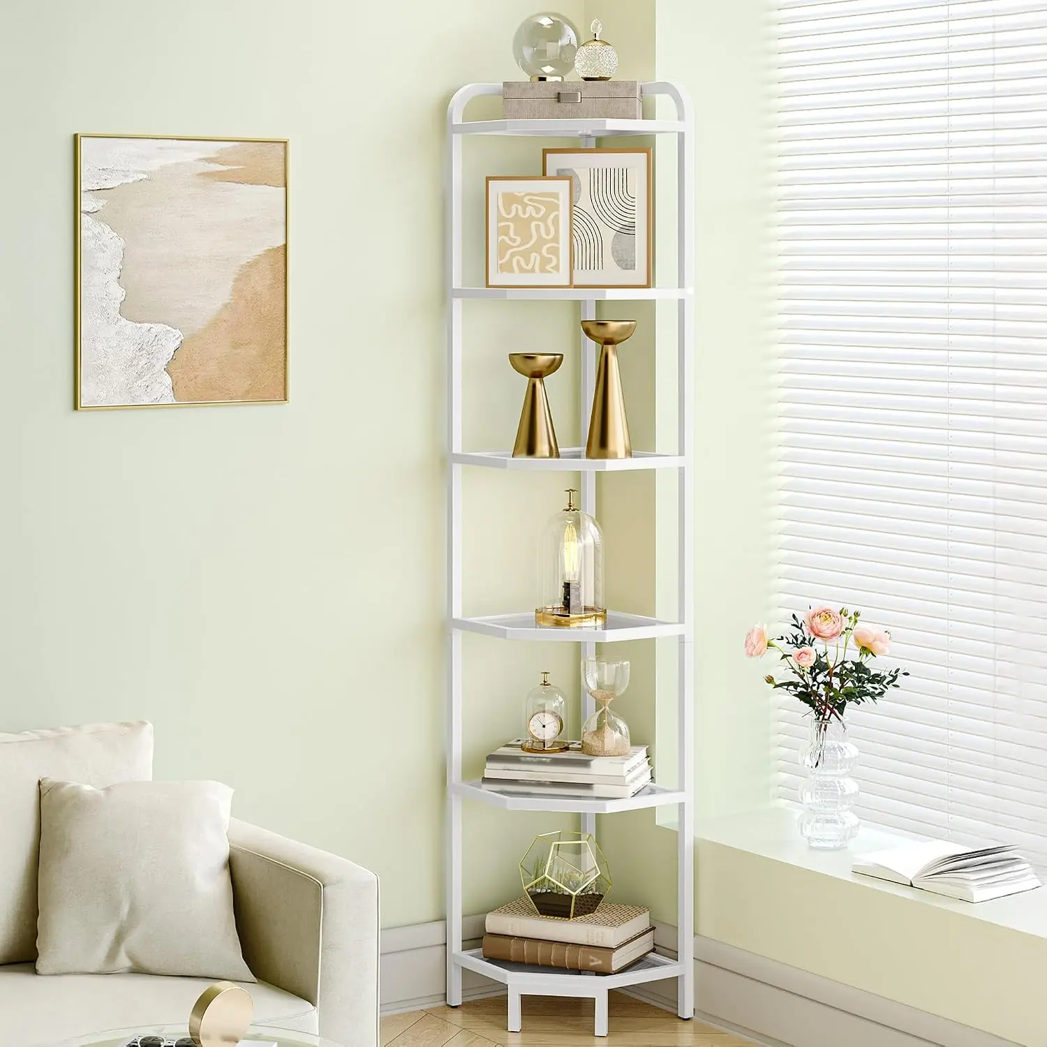 Corner Shelf Stand,6-Tier Glass Bookshelf Bookcase, Bathroom Organizer,  Stand, Steel Frame, Tempered Glass, Modern Style for Living Room, Bathroom, Kitchen, White CS90613W