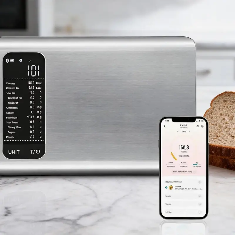 Smart Digital Kitchen Food Scale with Built-In Nutrition Analyzer, Complimentary App Monitors 19 Key Nutrients, Tracks Calories & Macros, Displays Grams/Ounces, Sleek Stainless Steel Surface, Max 11lb Weight Capacity