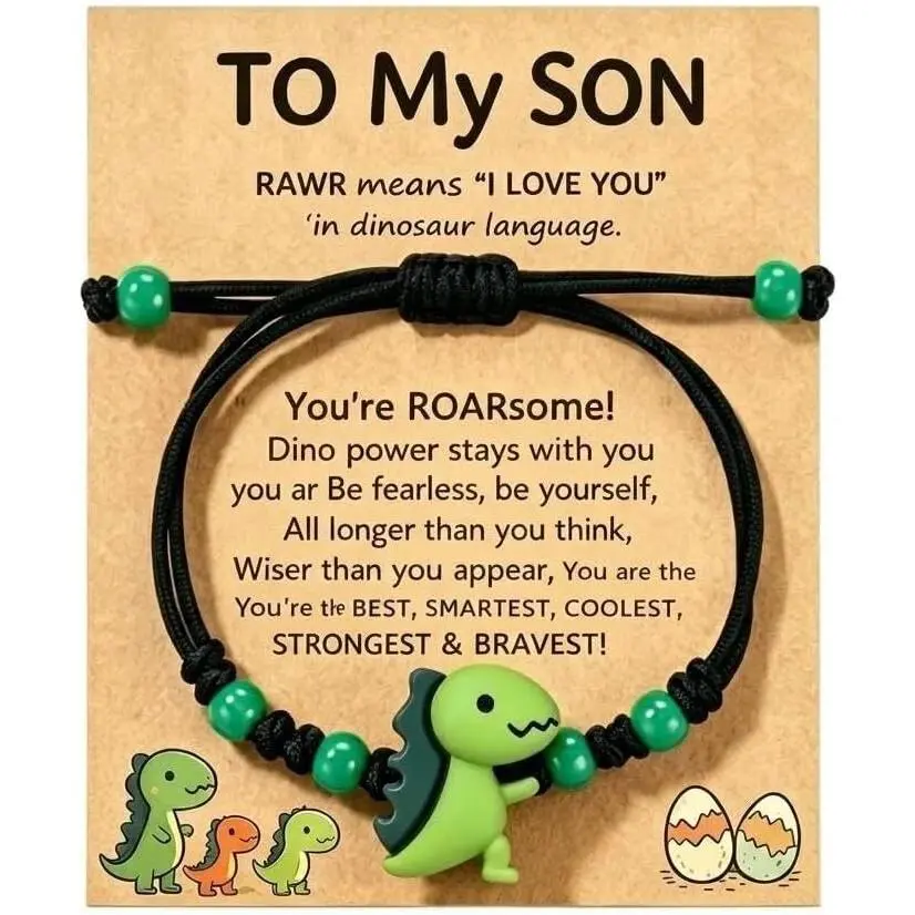 Dinosaur Bracelet – A thoughtful  from grandparents and dads. Featuring an adjustable braided rope with a dinosaur charm, it comes with an inspiring card and a black  box,  for birthdays, graduations, Christmas and