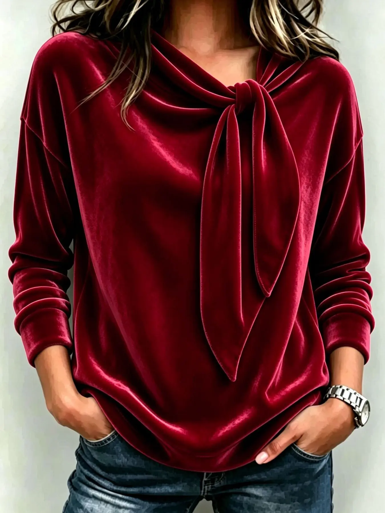 Women's Velvet Bow Neck Long Sleeve Top, Elegant Casual Loose Fit Blouse, Luxury Fall Winter Fashion, Plain Pattern, All Seasons