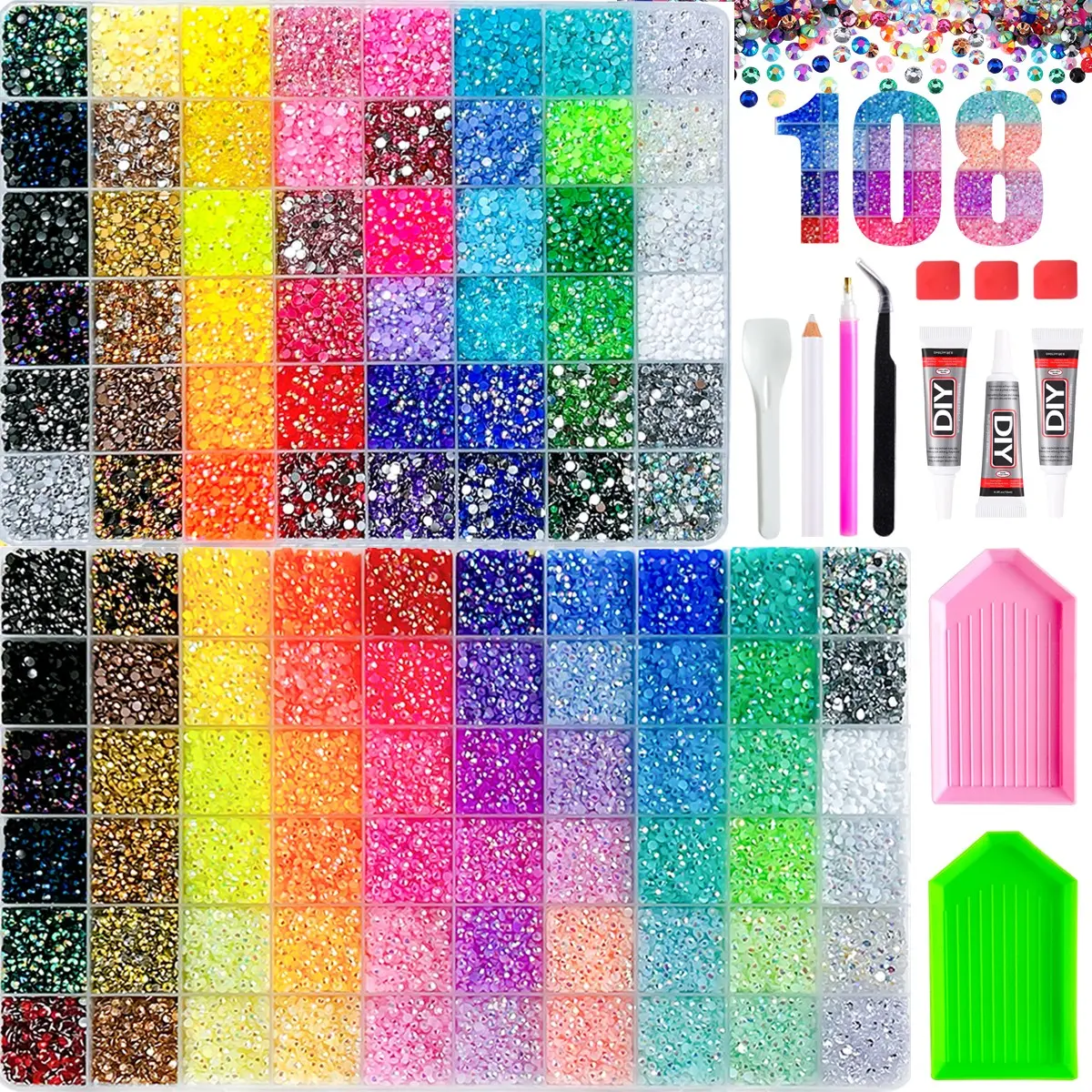 【Summervibes】DIY Diamond Bedazzling Kit，Summer Rainbow Rhinestone Set, 108 Pieces Flat Back Rhinestones, DIY Craft Kit, Tools Included, Perfect for Gifts, Easy to Use