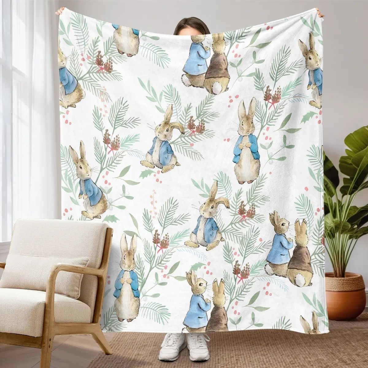 1pc Peter Rabbit Watercolor Fleece Blanket, Classic Rabbit Characters, Blue & Brown Outfits, Pine Branches, Berries & Light Botanical Print. Soft Warm Multi-use Throw for Sofa, Bed, Office, Camping, Perfect Rabbit Lover Gift.