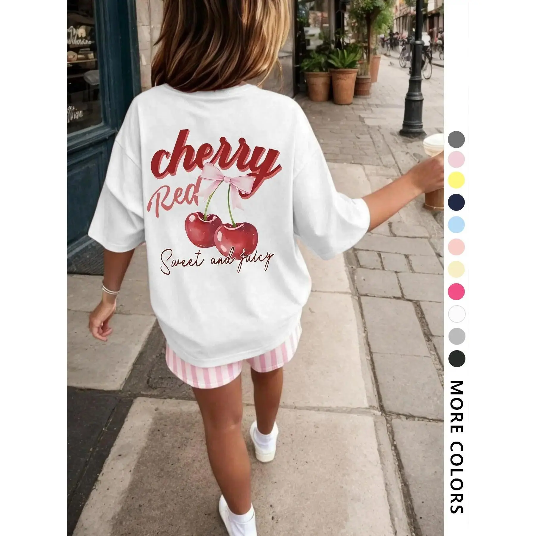 Women's Cotton Seamless Milk Silk T-Shirt - Twist, Comfortable, Light Loose Fit, Round Neck, Summer Streetwear Casual Cherry Graphic Print Apparel for Valentine's Day t0731