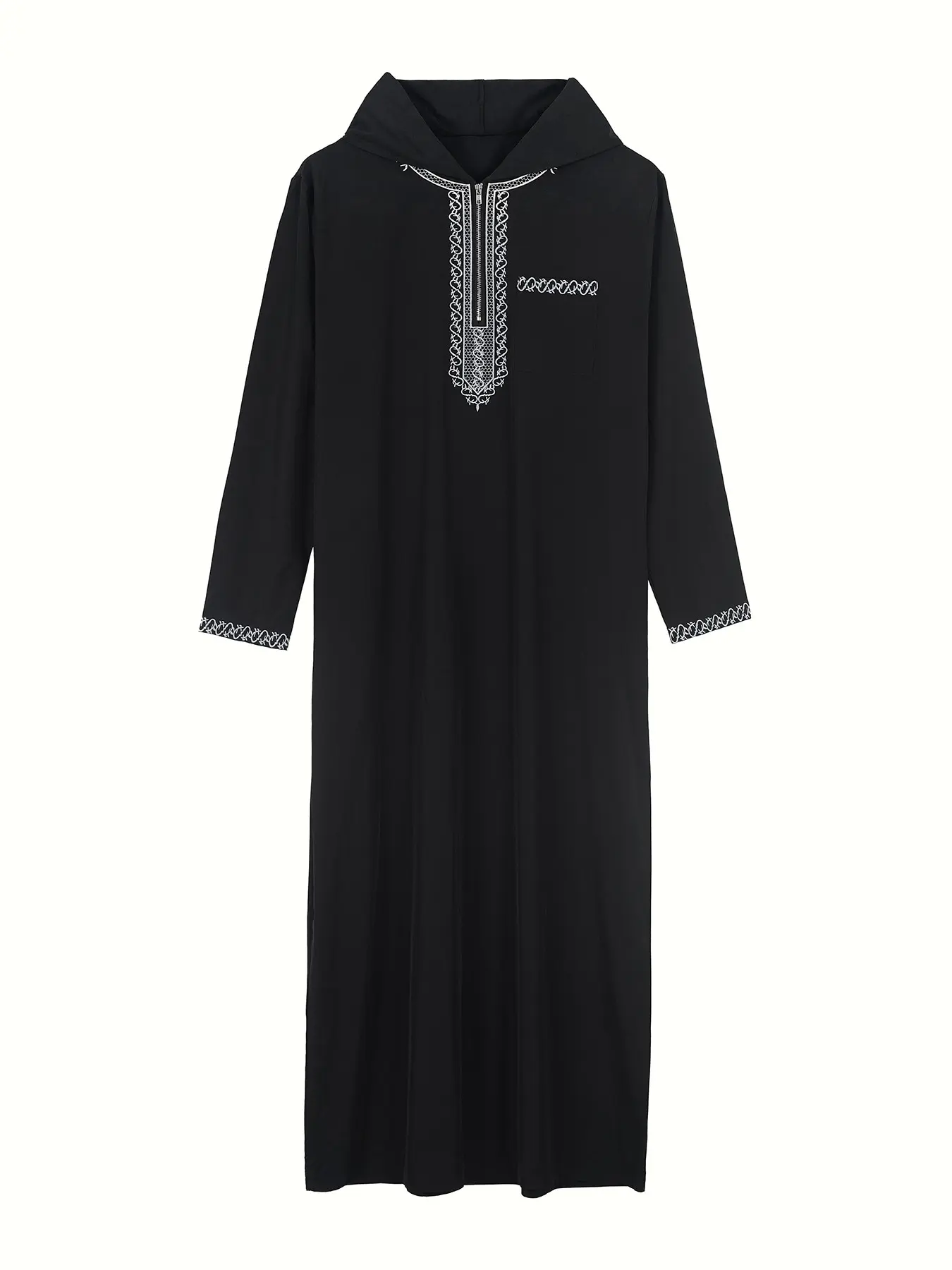 New Men's Arab Thobe with Hood, Vintage Embroidery, Long Sleeve, Loose Fit, Pocket Design, Traditional Muslim Clothing, Multiple Sizes