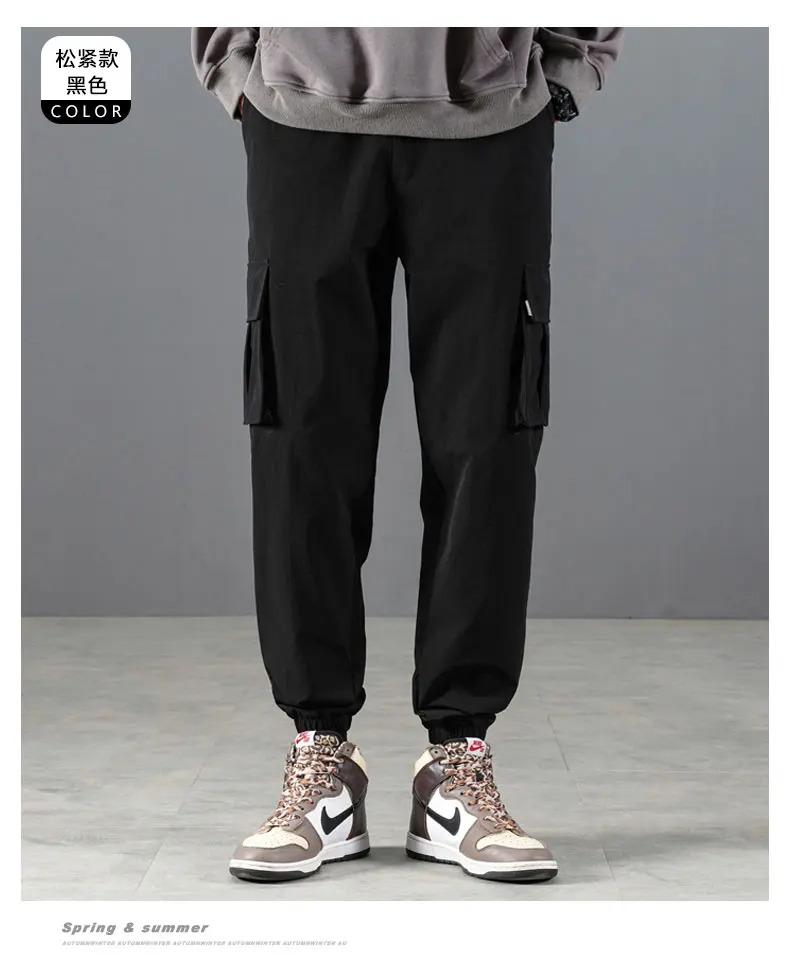 Casual work pants men's spring and autumn Japanese style Hong Kong style straight leg men's pants with multiple pockets, trendy black men's fashion brand ins loose paratrooper casual pants, thick American logging ankle pants
