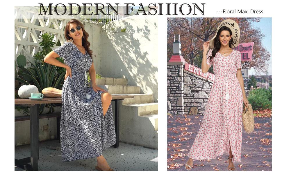 Women's Floral Maxi Dresses Casual Long Summer Boho Beach Dress Short Sleeve Button Up Split Party Dress