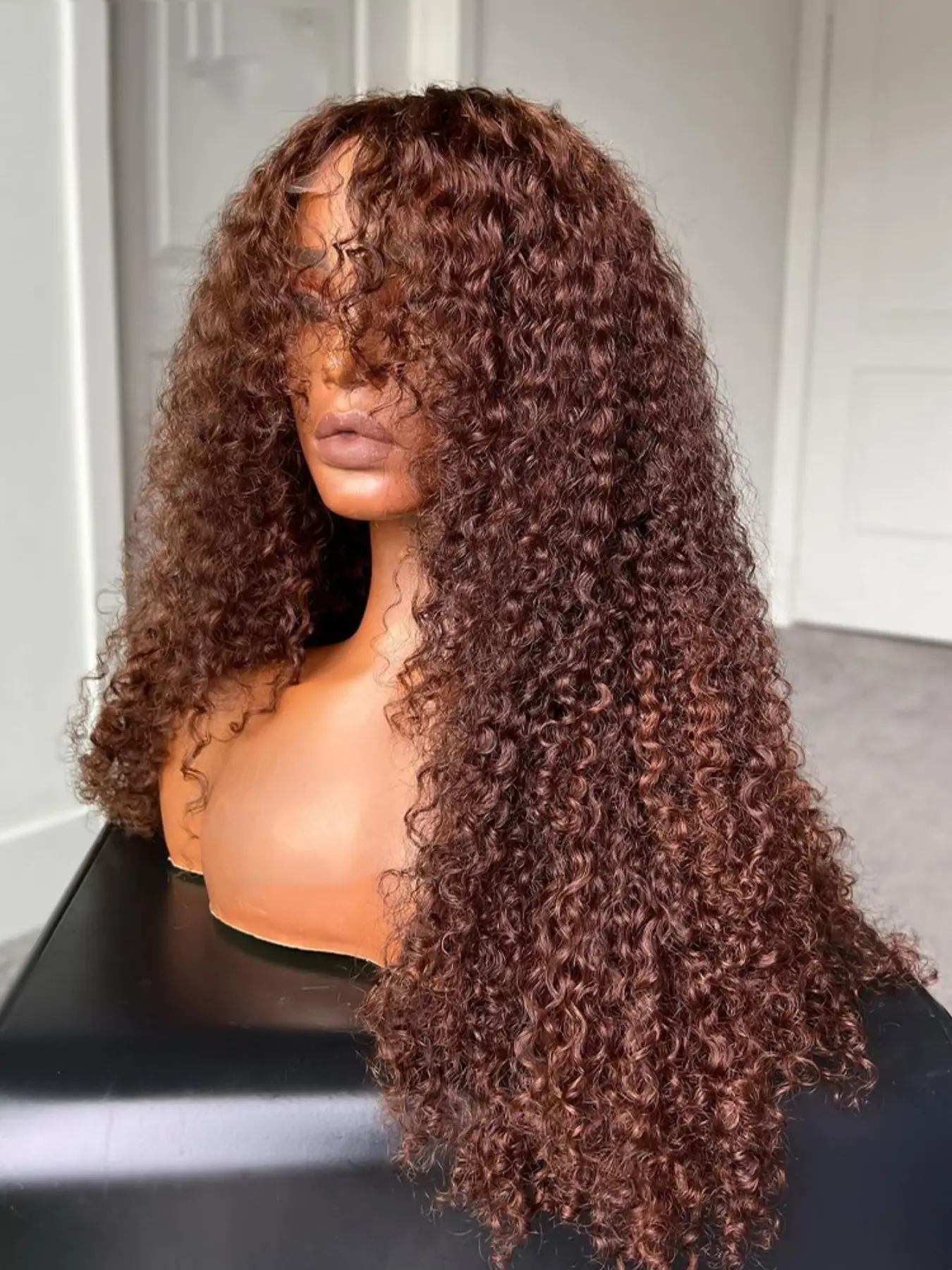 Brown Soft Long 26 Inch 180 Density Natural Kinky Curly With Bangs Front Lace Wig, Glueless Heat Resistant Synthetic Hair, Daily Wear Pre-plucked, Curly Afro Wigs, Curled Synthetic Wig