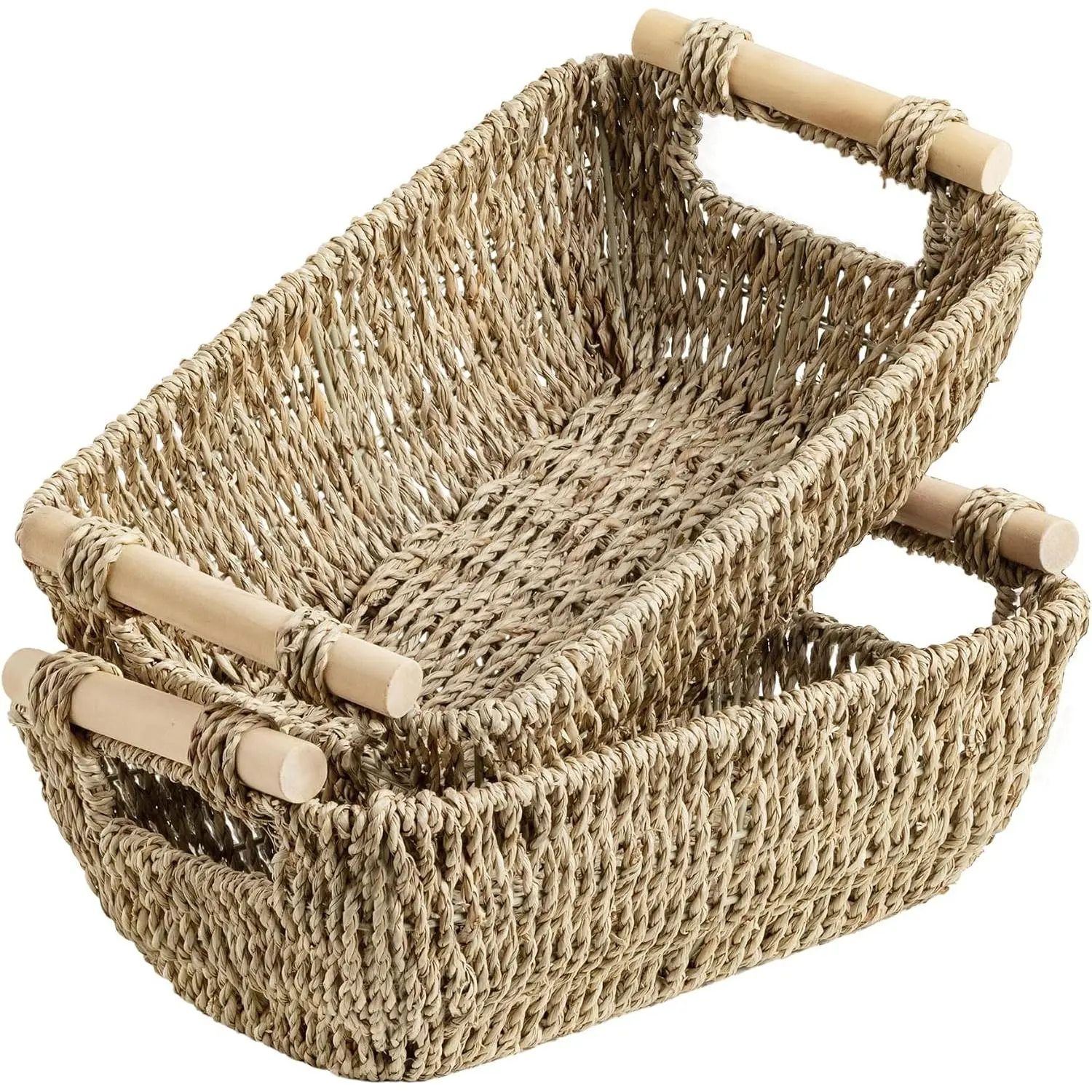 Small Baskets for Shelf, Seagrass Woven Basket for Gifts| Wicker Storage Baskets for Shelves, Baskets with Wooden Handles, 2-Pack Gifts Basket for Home Decor, Hand-Woven Basket