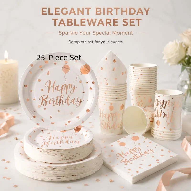 100-Piece Rose Gold Birthday Party Tableware Set, including disposable plates, cups and napkins, serves up to 25 people. Features gilded Happy Birthday patterns, a complete kit for your guests.