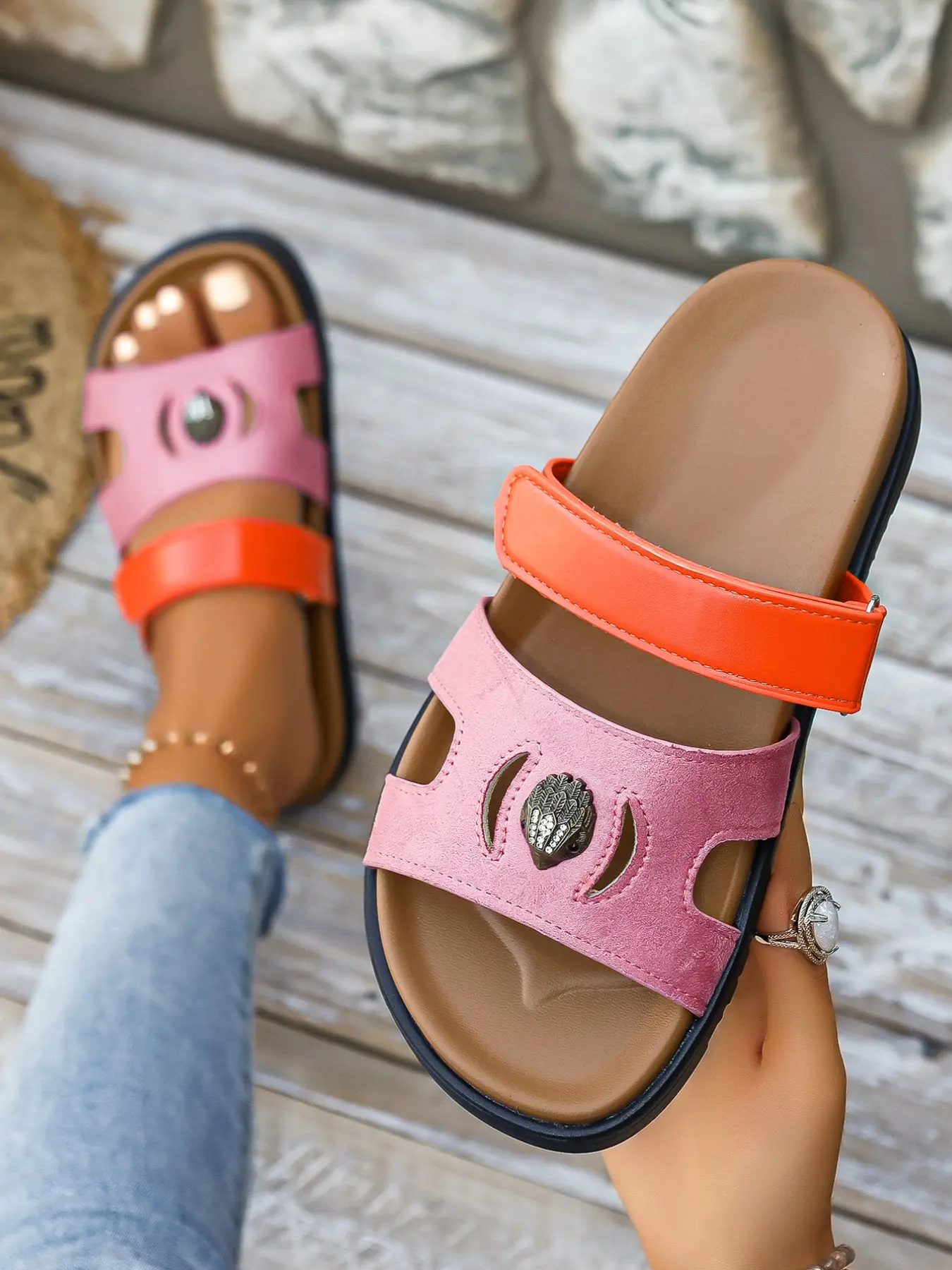 2026 New Retro Velcro Casual Sandals for Women, Comfortable Thick Sole, Breathable Hollow Out, Metal Decor, Soft Bottom, Home & Outdoor