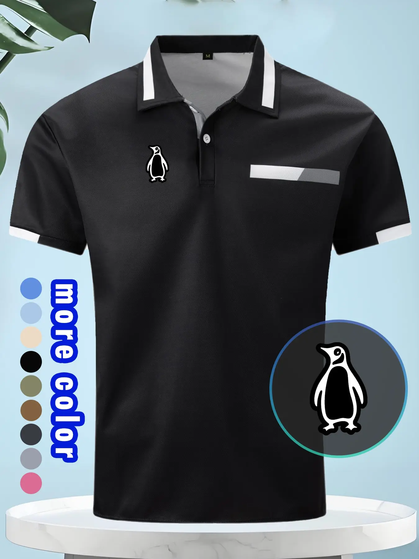Men's T-Shirt, High-Quality Camping Vacation Wear, Polo Style, Penguin Print Design, Loose-Fit, Comfortable, Ideal for Summer Outdoor Activities