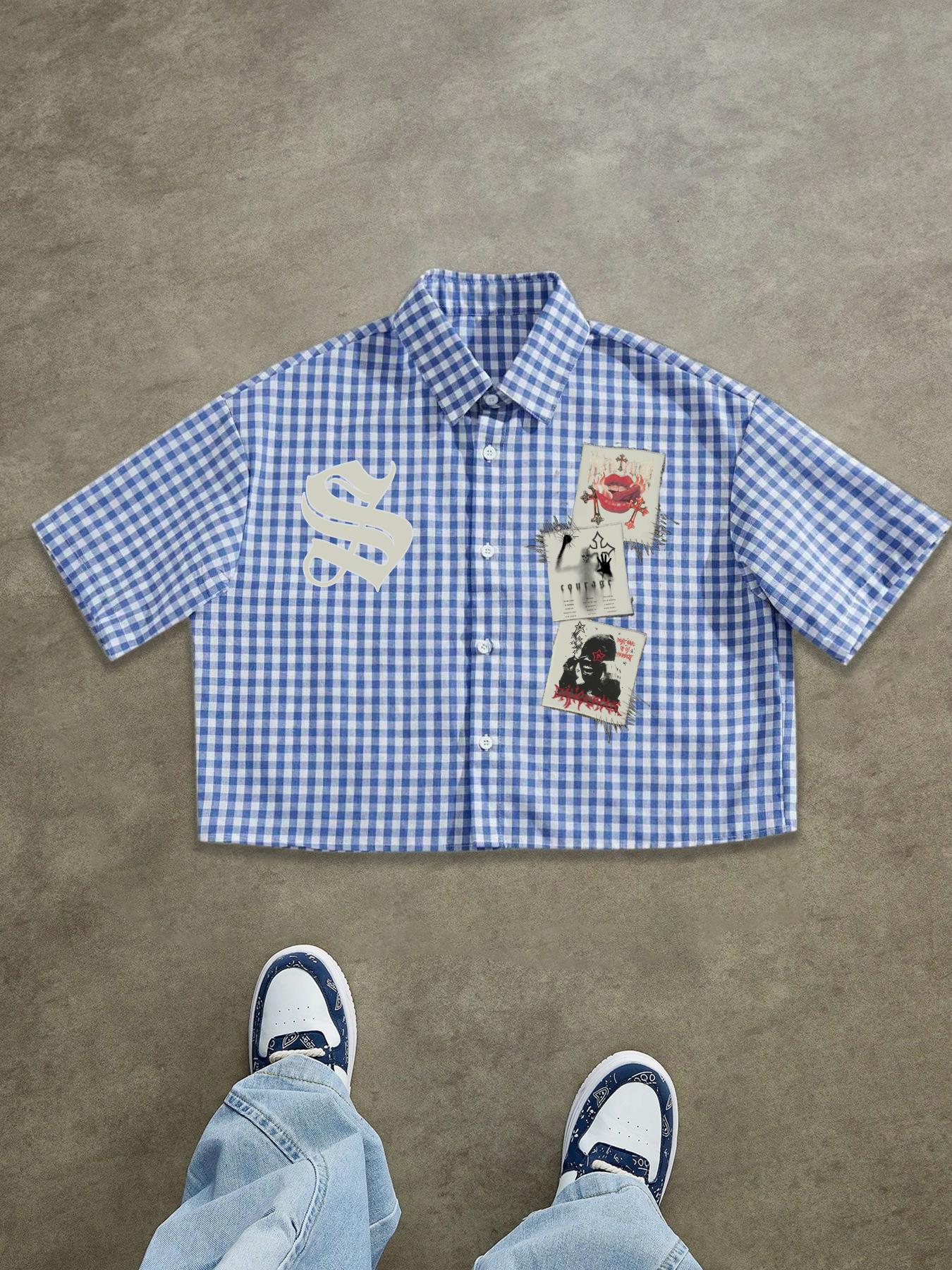 Men's Letter & Graphic Print Regular Fitted Short Sleeve Shirt, Casual Retro Gingham Plaid Shirt for Daily Wear, Fashion Men's Top for Summer