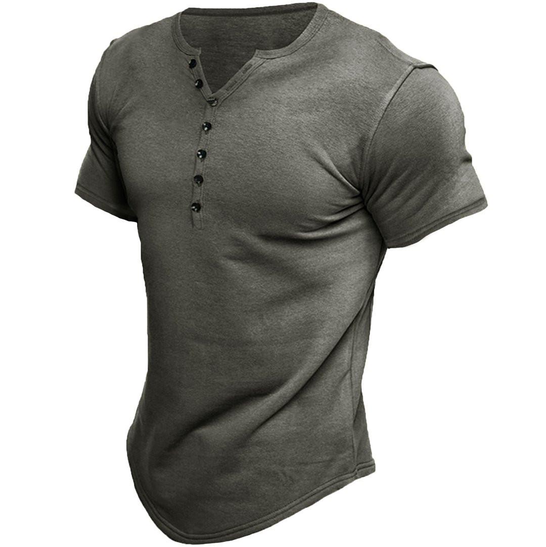 Summer Men's Henley Shirt Short Sleeve Solid Color Button T-Shirt Top