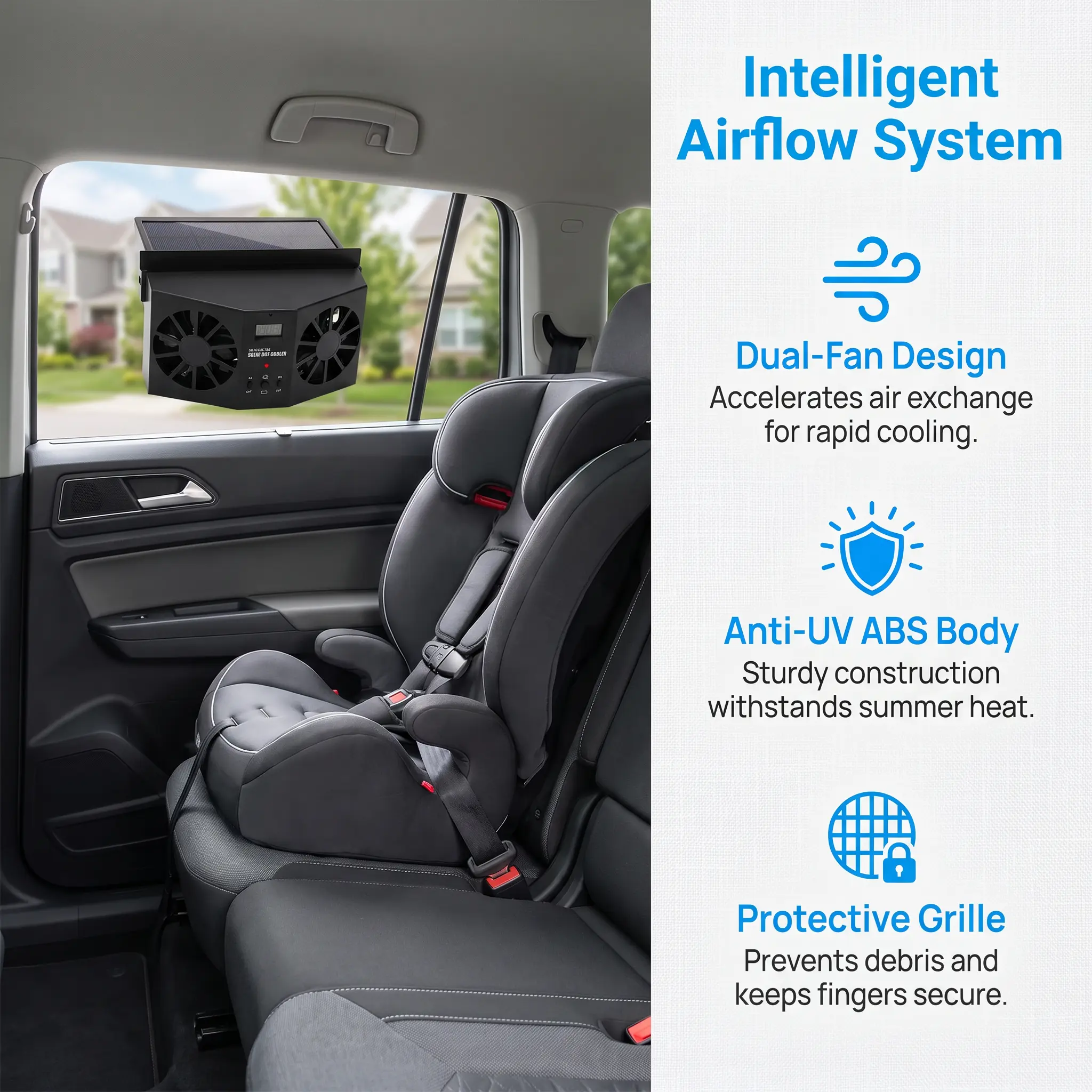 Dual Power Solar Car Window Ventilation Fan, USB Rechargeable Auto Exhaust Cooler, Quiet Ventilator to Lower Heat & Eliminate Odors, Universal for Parked Vehicles Summer Use