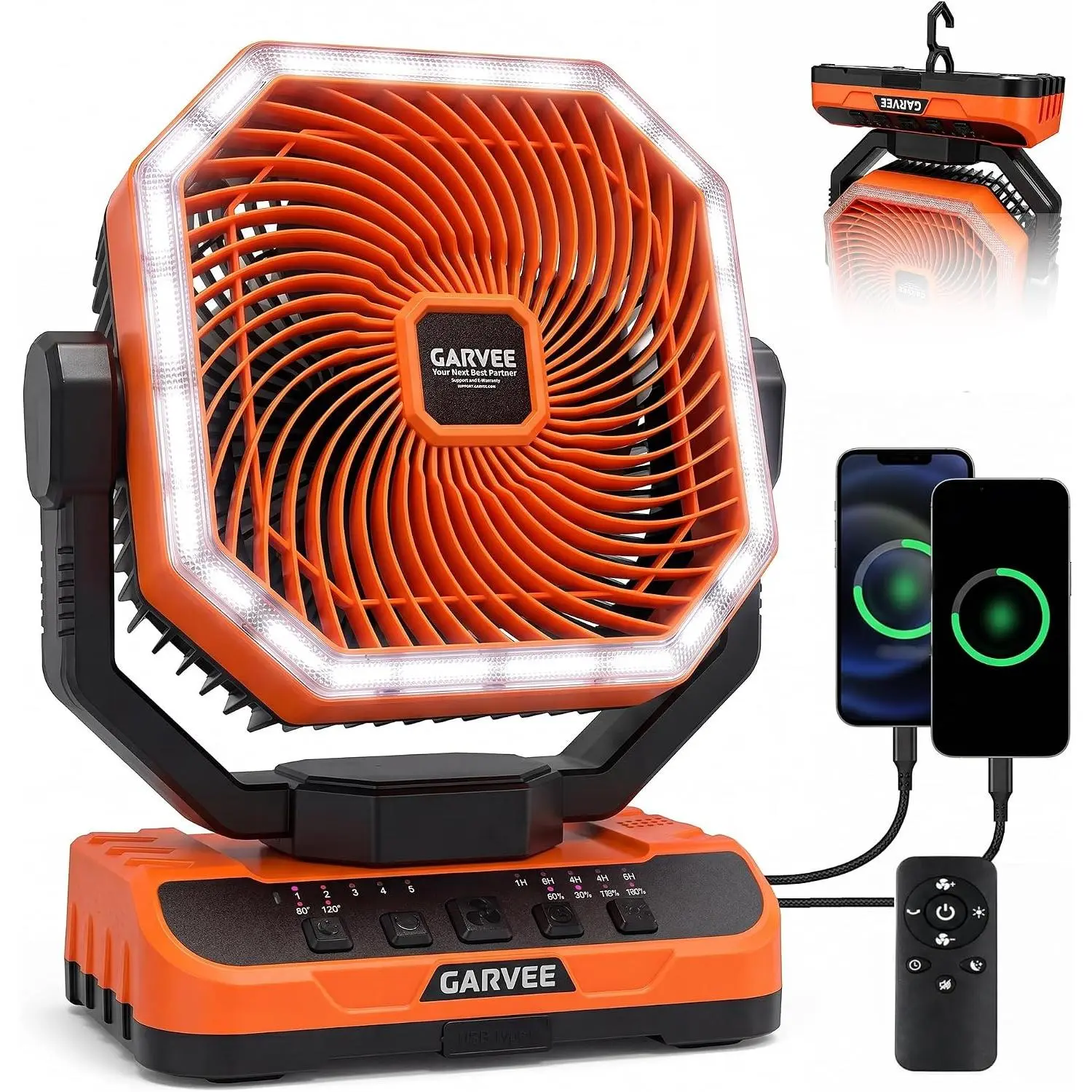 Garvee Upgraded Portable Camping Fan, 40000mAh Rechargeable Battery Powered Fan, 20 ft Remote & Timer, 5 Speeds + 270°Rotatable Head + 360° Hook, LED Light for Outdoor Car, Tent, Travel, Camping Essentials