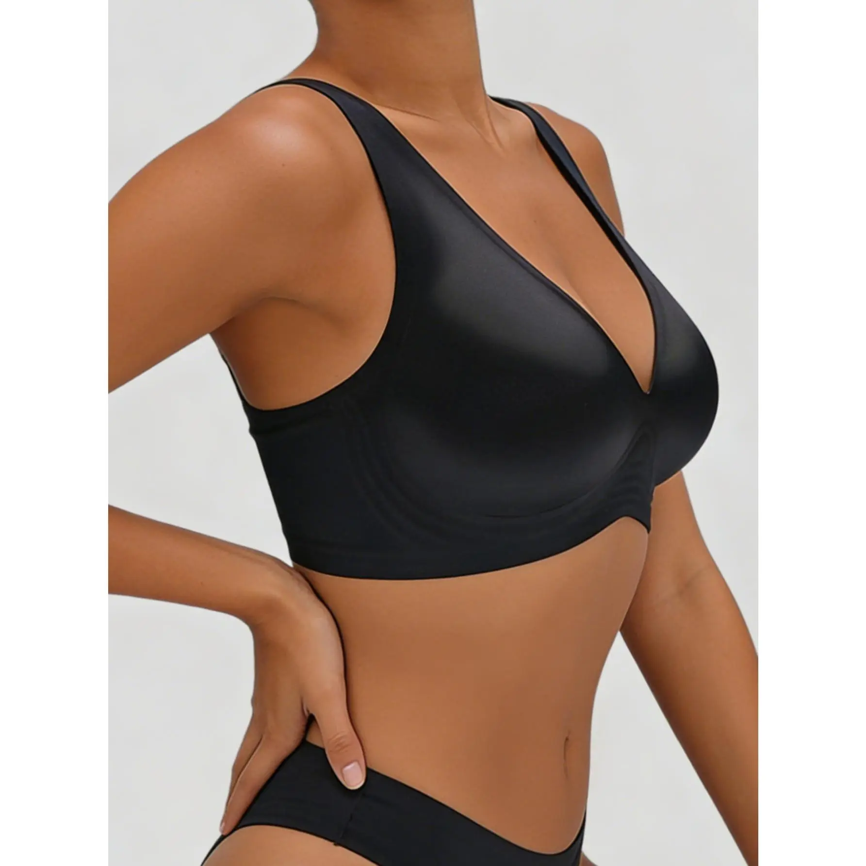 EssElegance Women's Seamless Satin T-Shirt Bra, Wirefree V-Neck Plunge Comfort Bralette. Smooth Shiny Everyday Support Bra with Adjustable Straps. Lightly Lined No Underwire Intimates for Daily Wear and Lounge
