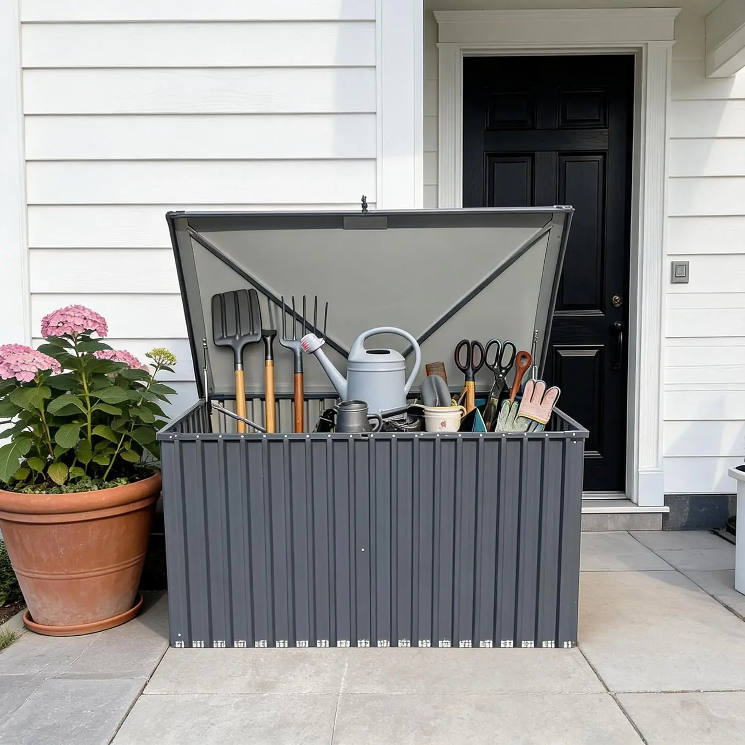 Outdoor Storage Box, Waterproof Metal Deck Box with Lockable Lid, Large Patio Storage Container for Cushions, Garden Tools, Pool Accessories and Package Delivery