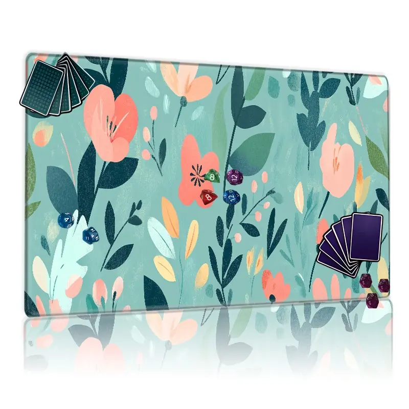 Pastel Teal Floral Playmat 12x24inch - Non-Slip for TCG MTG Card Games, Ideal for Family Gatherings & Gift, Whimsical Soft Color Flowers Leaves Design