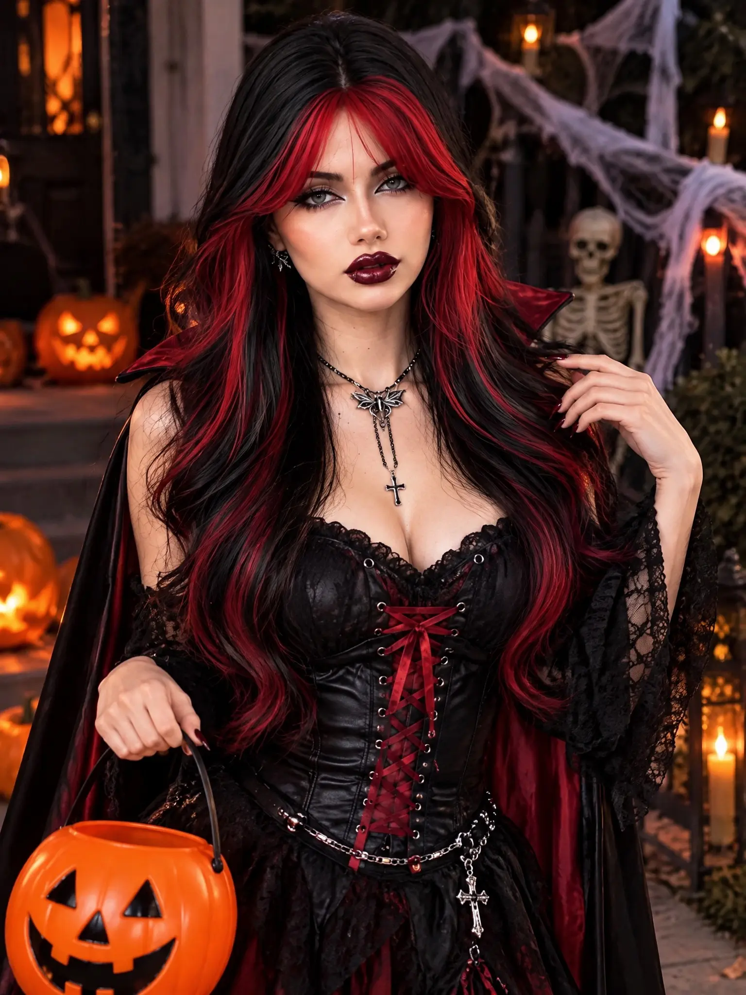 26 Inch Highlight Big Wavy Wig,Black And Red  Cool Y2K Gothic Heat Resistant Synthetic Hair Wig, Breathable Rose Mesh Cap Simulated Scalp, For Women Halloween Themed Party Cosplay