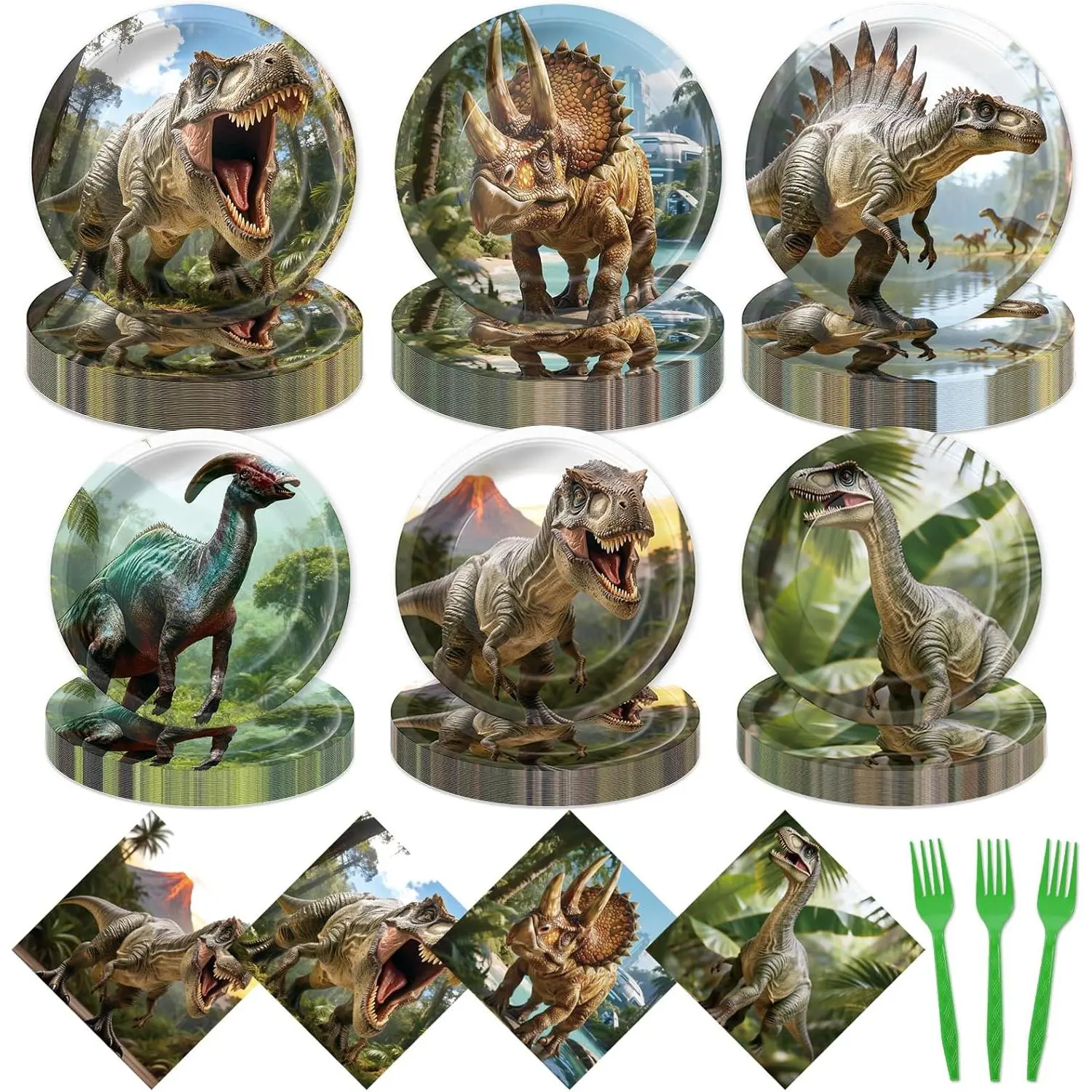 96Pcs Dinosaur Disposable Tableware Set - Multi-Size Round Plates, Napkins with Vibrant Animal Prints for 24 Guests, Boys Kids Dino-Themed Birthday Party, Baby Shower Home Festive Supplies, Vibrant Prints