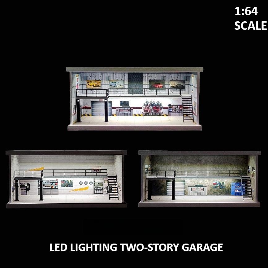 Diorama 1/64 Car Garage Model LED Lighting City Repair Workshop Two-storey Car Parking Lot Scene Display Model Collection Gift Toy