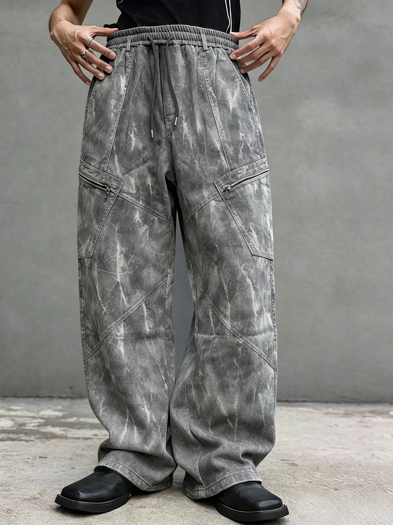 Men's Vintage Stone Wash Work Pants, Casual Streetwear Trousers, Drawstring Elastic Waist, Zip Pocket, Wide Leg, Loose Fit, Baggy, Street Style, Long Pants
