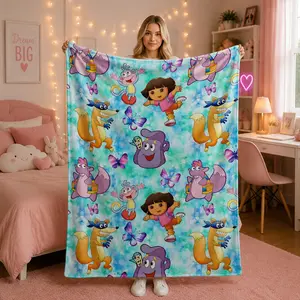 Dora The Explorer Tie Dye Watercolor Background Flannel Throw Blanket, Full Repeat Cartoon Character Soft Lightweight AC Blanket for Kids Bed Sofa Dorm, Perfect Birthday Christmas Holiday Gift for Boys Girls Dora Cartoon Fans
