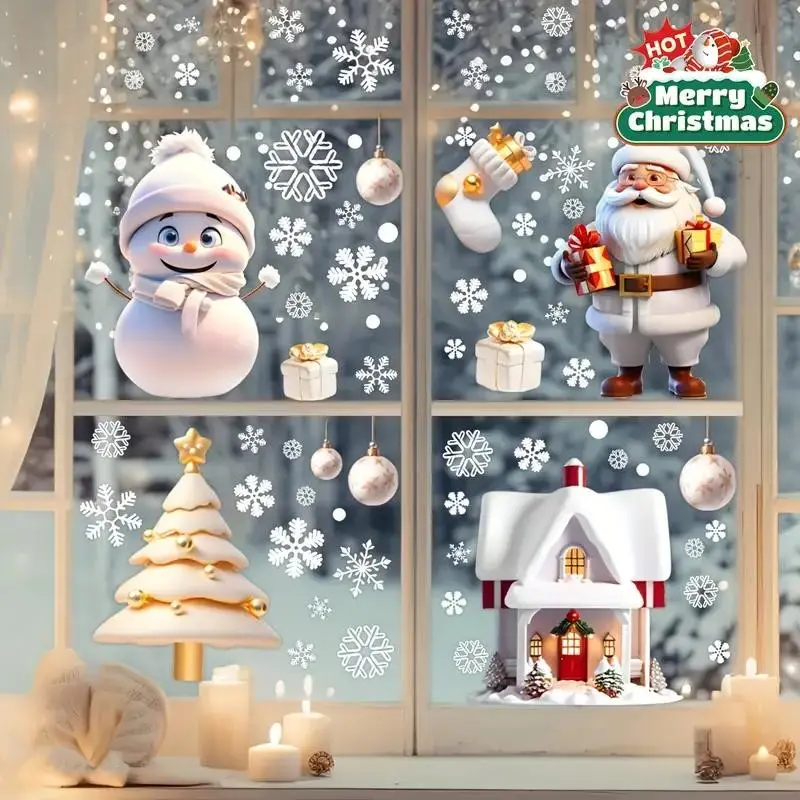 113pcs Christmas Window Clings Decals Set – Santa Claus, Snowman & Gingerbread Man Tree Designs | Reusable PVC Static Cling Stickers | Cozy Aesthetic Holiday Window Decor for Home, Office, Party | No-Residue, Easy Peel, Cottagecore Christmas Style