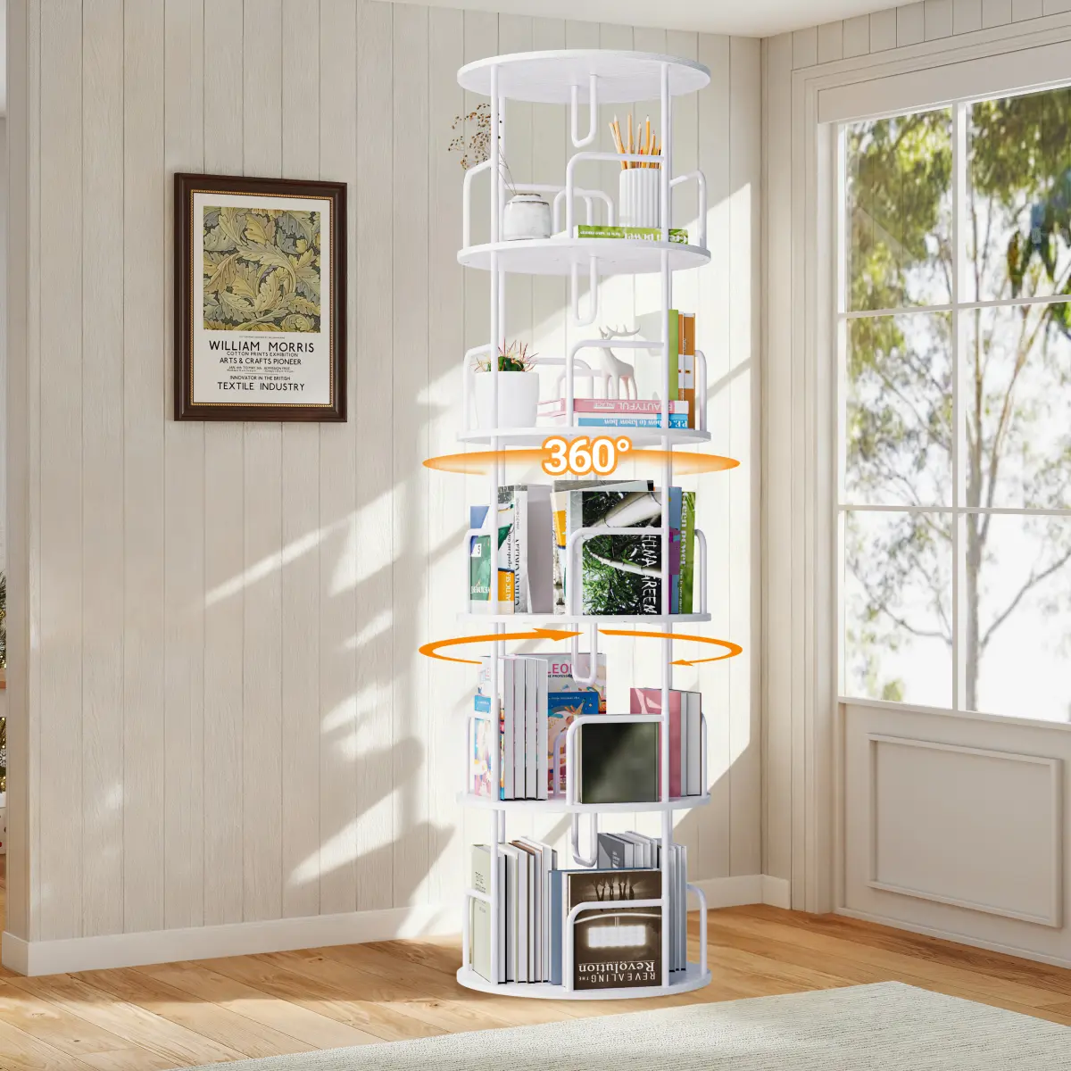 5-Tier 360° Rotating Bookshelf Tower, Spinning Bookcase with Sturdy Metal Frame, Space-Saving Vertical Round Storage Shelf for Bedroom, Living Room, Study, White