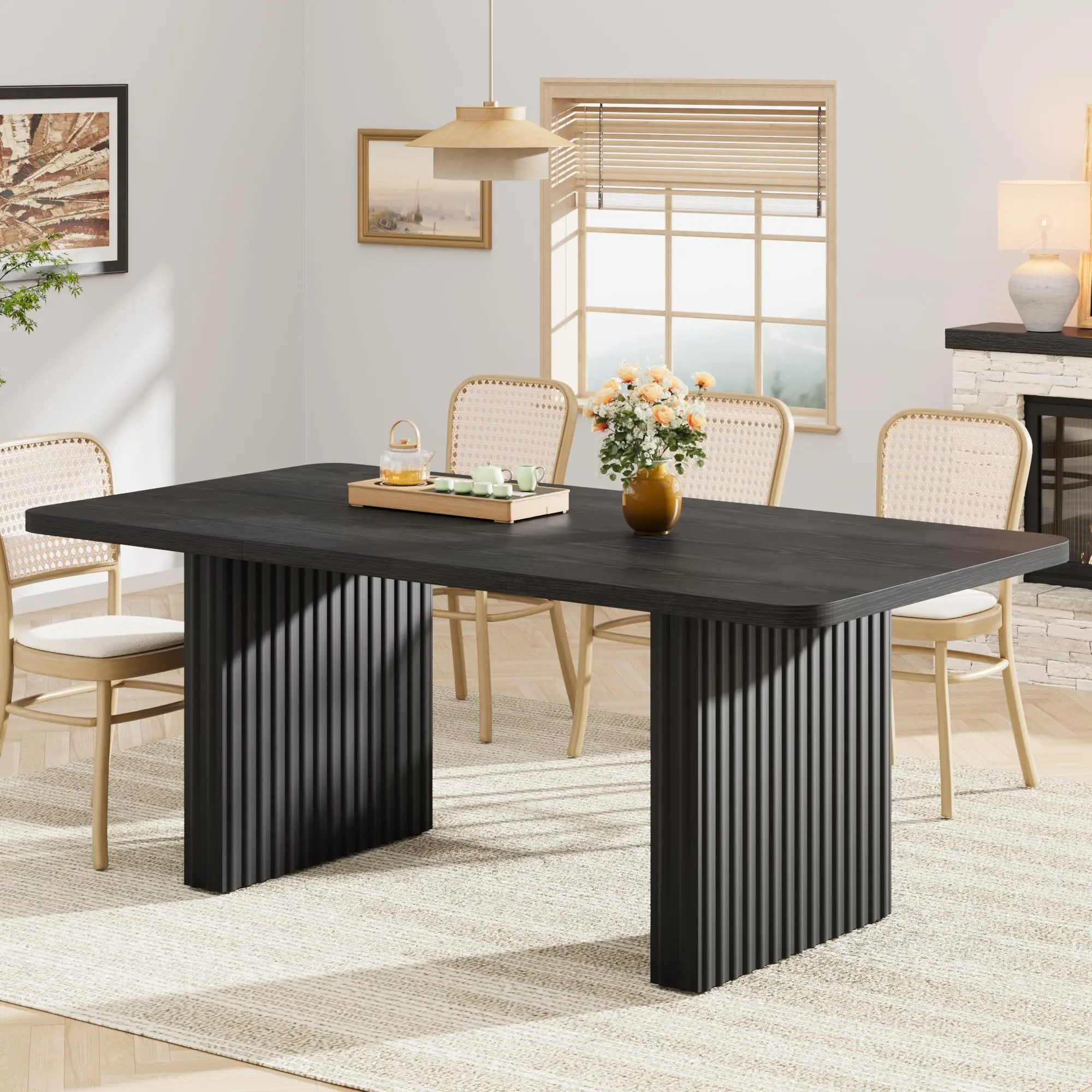 Modern Dining Table for 6-8, 71" Rectangular Farmhouse Kitchen Table with 3.6"×22.9" Fluted Wave Metal Legs & Wooden Top, Large Dining Table for Home Office, Dining