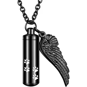 Cylinder Cremation Necklace for Pet Ashes With Angel Wing Paw - Urn Necklace for Dog/Cat Memorial Keepsake Jewelry