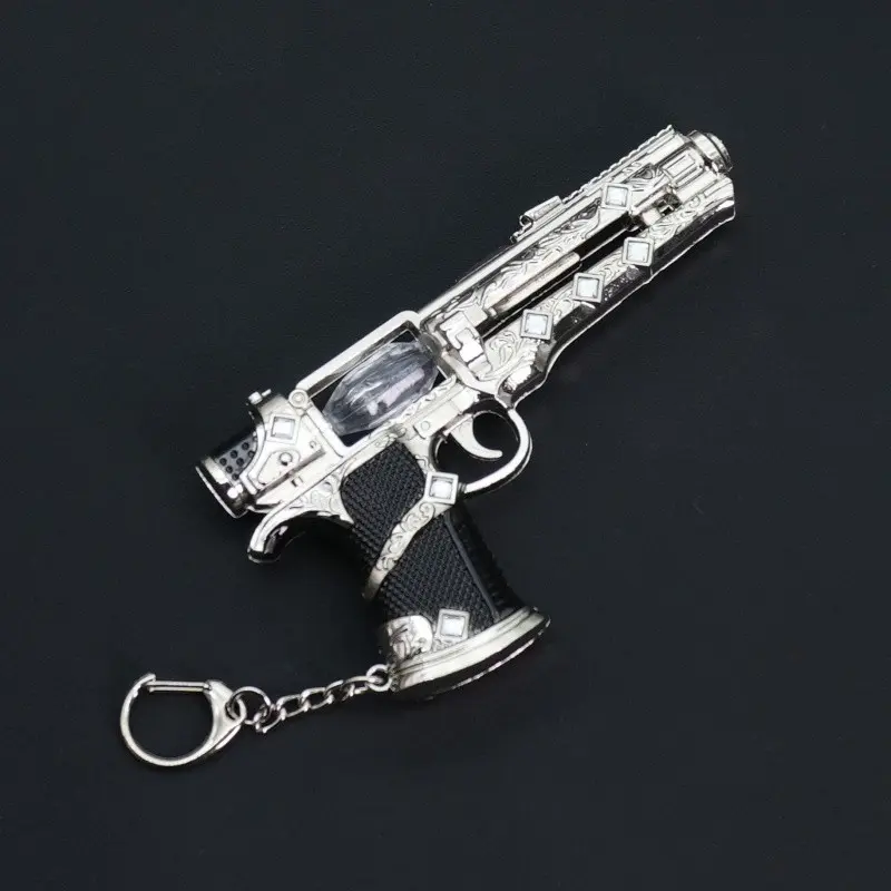 12cm Alloy Gun Model Keychain, Silver Color Luxury Feel, Realistic Detailed Replica, Slideable Loop, Non-Functional, Tactical Backpack Accessory