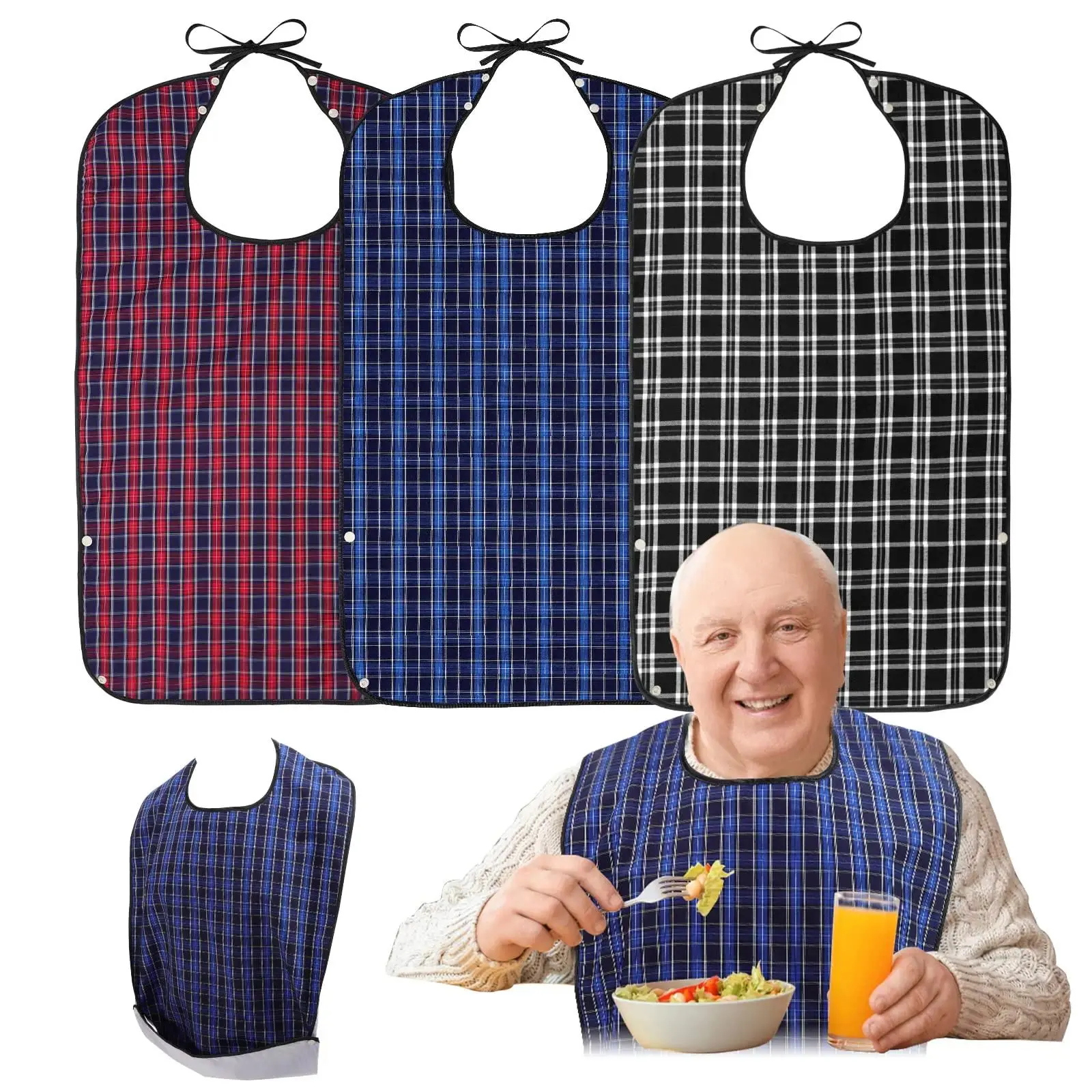 Adult Bibs 【3 Pcs】 - Machine Washable, Drip-Resistant, Easy Clean Home Care Aprons with Crumb Catcher, Front Pockets, Bib Holder, Waterproof Large Clothing Protectors for Elderly Seniors, Black/Red/Blue, Machine Washable Aprons, Drip-Resistant Aprons