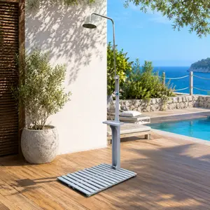 ARCH Outdoor Garden Pool Shower with Solid Wood Stand, Gray Finish, Adjustable Water Pressure, Storage Hole for Soap, for Backyard, Patio, Terrace, Camping, Swimming Pool Use, Gray Color Options, Solid Wood Material, Product Dimensions: 29.53 W x