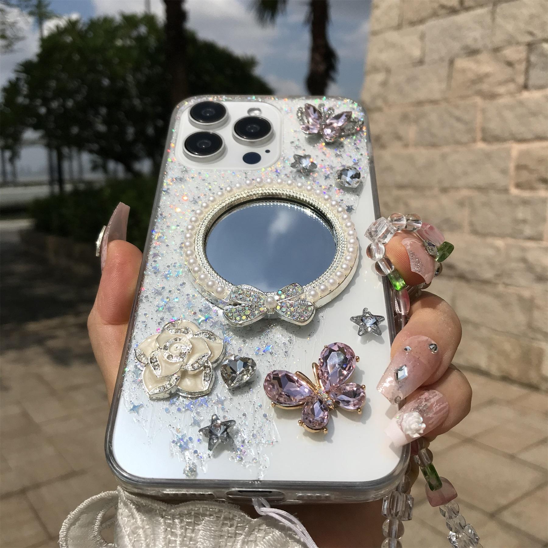 Rhinestone Decor Phone Case, Mirror Flower Butterfly Decor Phone Protective Cover with Lanyard, Phone Accessories Compatible with iPhone 16 15 14 13 12, Decorative Smartphone Protector