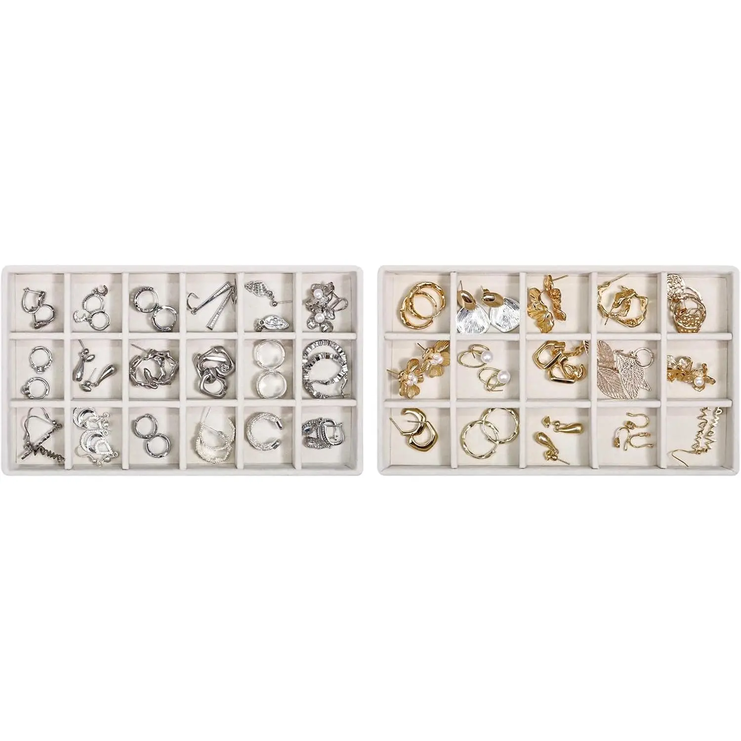 Stackable  Organizer Trays with Removable Dividers, 2-Tray Beige  Drawer Organizer Set for Earrings, Necklaces, Rings & Bracelets  for Her