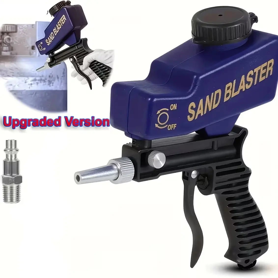 Portable Gravity Feed Pneumatic Sandblasting Gun Kit, Sandblasting Tools, Ergonomic anti-slip handle, 600cc hopper cuts refills, Adjustable gravity feed controls blasting flow, beginner-friendly, Works with baking soda, quartz sand, walnut shells