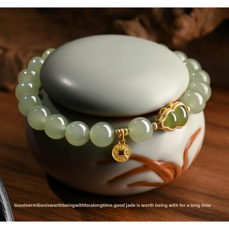S925 Sterling Silver Hetian Jade Gourd Bracelet for Women Gold Inlaid Jade New Chinese Style National Style Jade Bracelet Light Luxury Exquisite Gift.