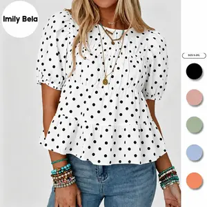 Imily Bela Womens Puff Sleeve Peplum Babydoll Tops Summer Smoked Pleated Cotton T Shirts Casual Loose Fit Flowy Blouse