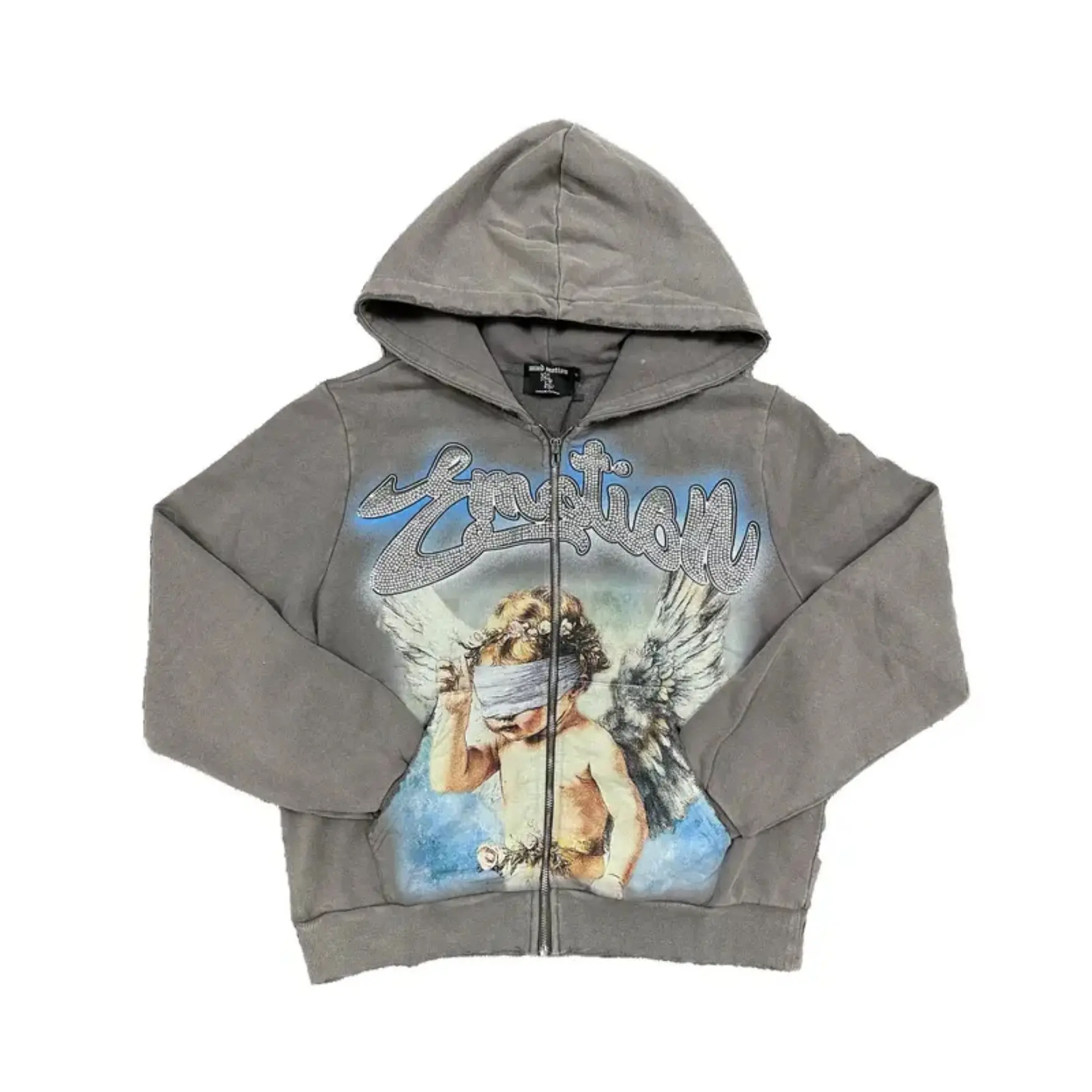 MIXED EMOTION Blindfolded Angel Rhinestone Graphic Full Zip Up Hoodie Grey 100% Heavyweight Cotton Vintage Wash Sweatshirt Menswear Fall Outfit Oversized Drop Shoulder His and Hers Alternative Y2K Streetwear Hooded Jacket Top
