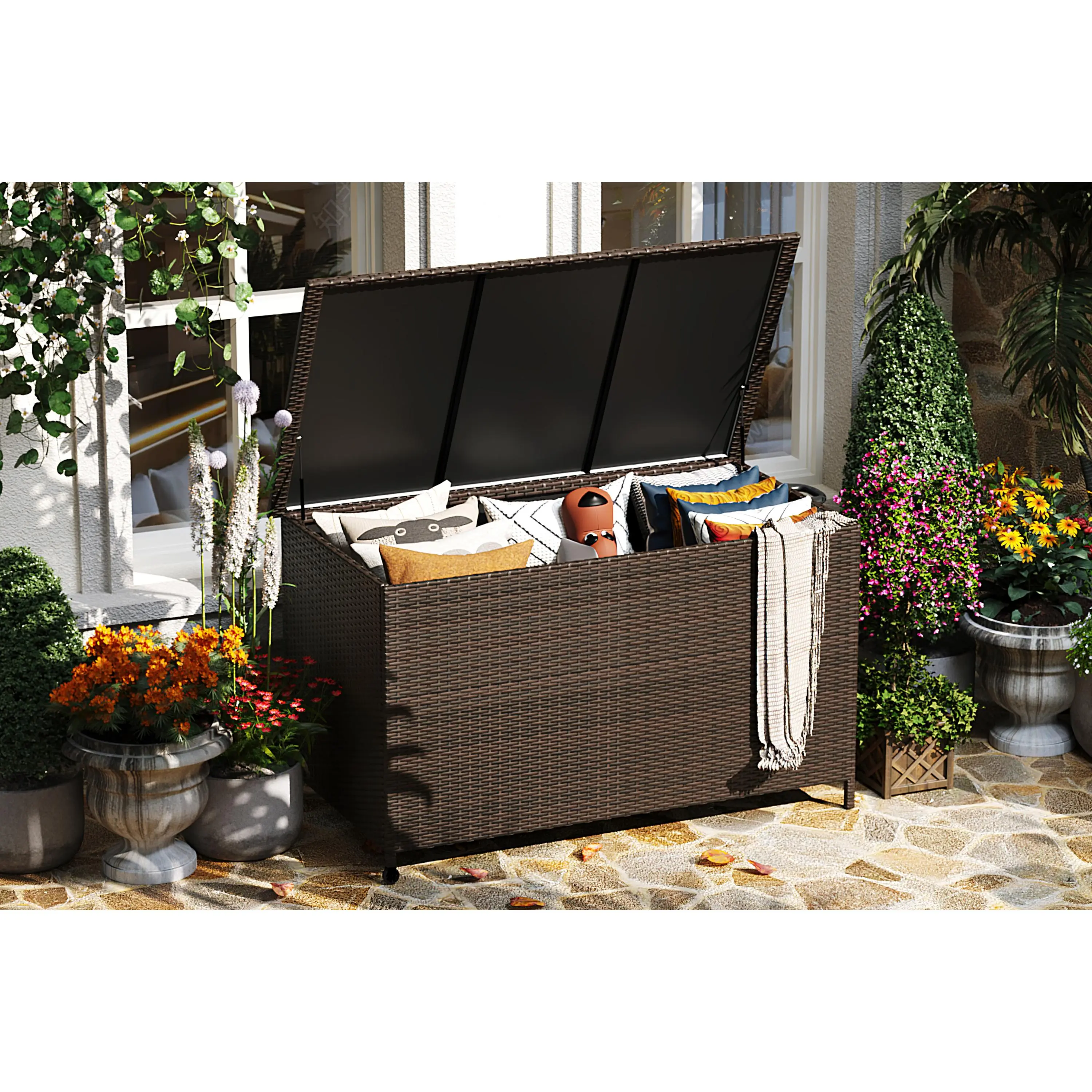 Garvee 125 Gallon Outdoor Deck Storage Box – Waterproof PE Wicker Rattan Patio Chest with Wheels, Lockable Lid, Extra Large Capacity for Cushions, Garden Tools, Pool Supplies – Durable Gray