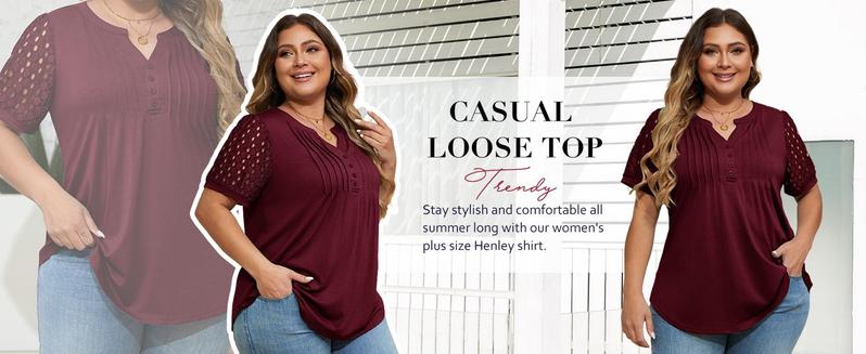【L-4XL】Plus Size Curve imily bela curve Women's Plus Size Henley T Shirt Summer Lace Sleeve Tees Casual Pleated Flowy Tunic Tops