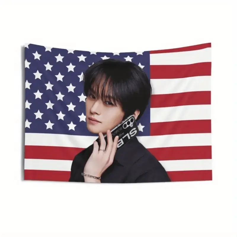 1pc SKZ Leehiun American Flag Banner, Wandering Leehiun Photography Kpop Tapestry with Free Installation Kit