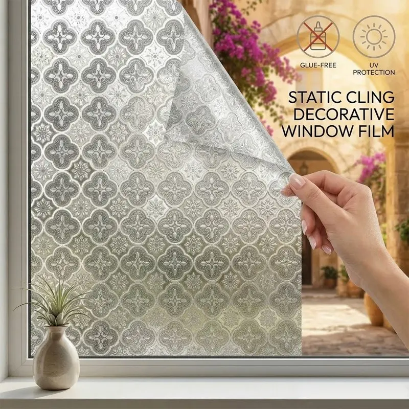 European Style Static Glass Film, No Adhesive, UV Protection, Privacy Decor Sticker, Decorative Decal for Bathroom, Kitchen, Living Room, Bedroom, Balcony, Window Decals for Glass Windows