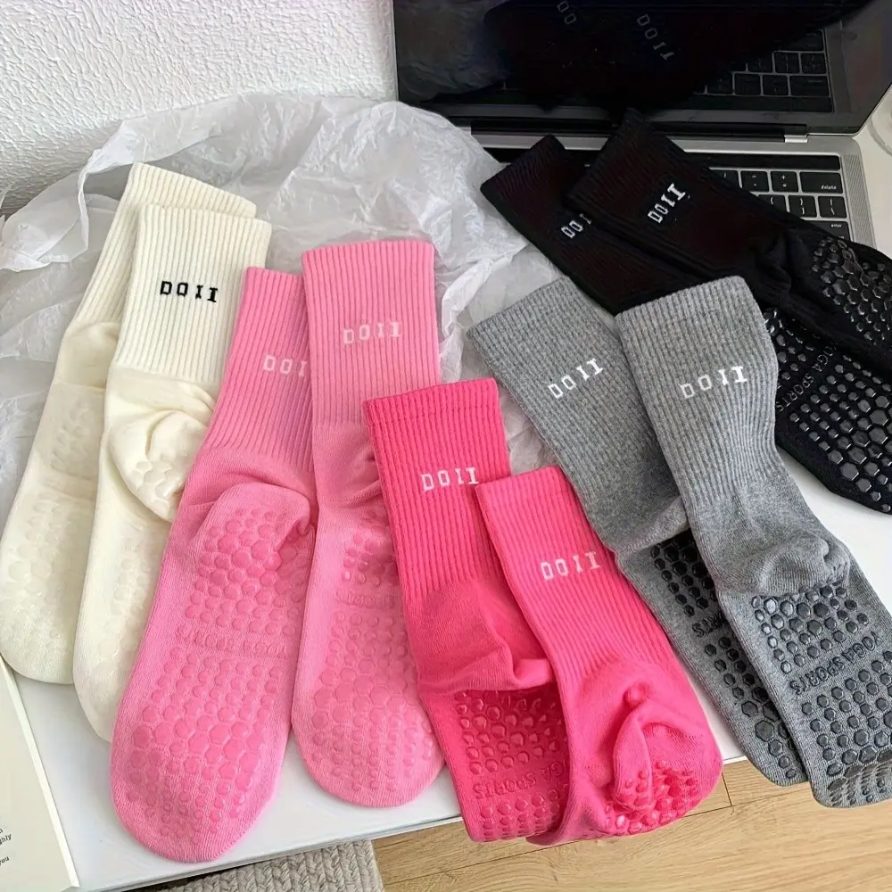 5 Pairs Solid Color Yoga Socks, Mid-Calf Letter Sport Socks, Soft Comfortable, All-Season Essential, Fitness Must-Have, Casual Design, Workout Socks