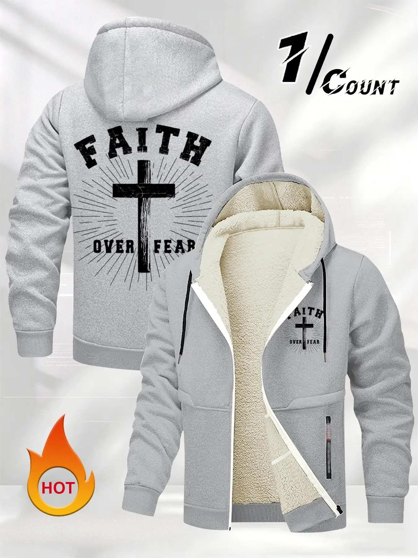 Men's Fall Winter Graphic Letter Cross Jacket, Casual Loose-Fit Outerwear with Drawstring Hood, Zipper Pockets, Fashionable Outdoor Coat
