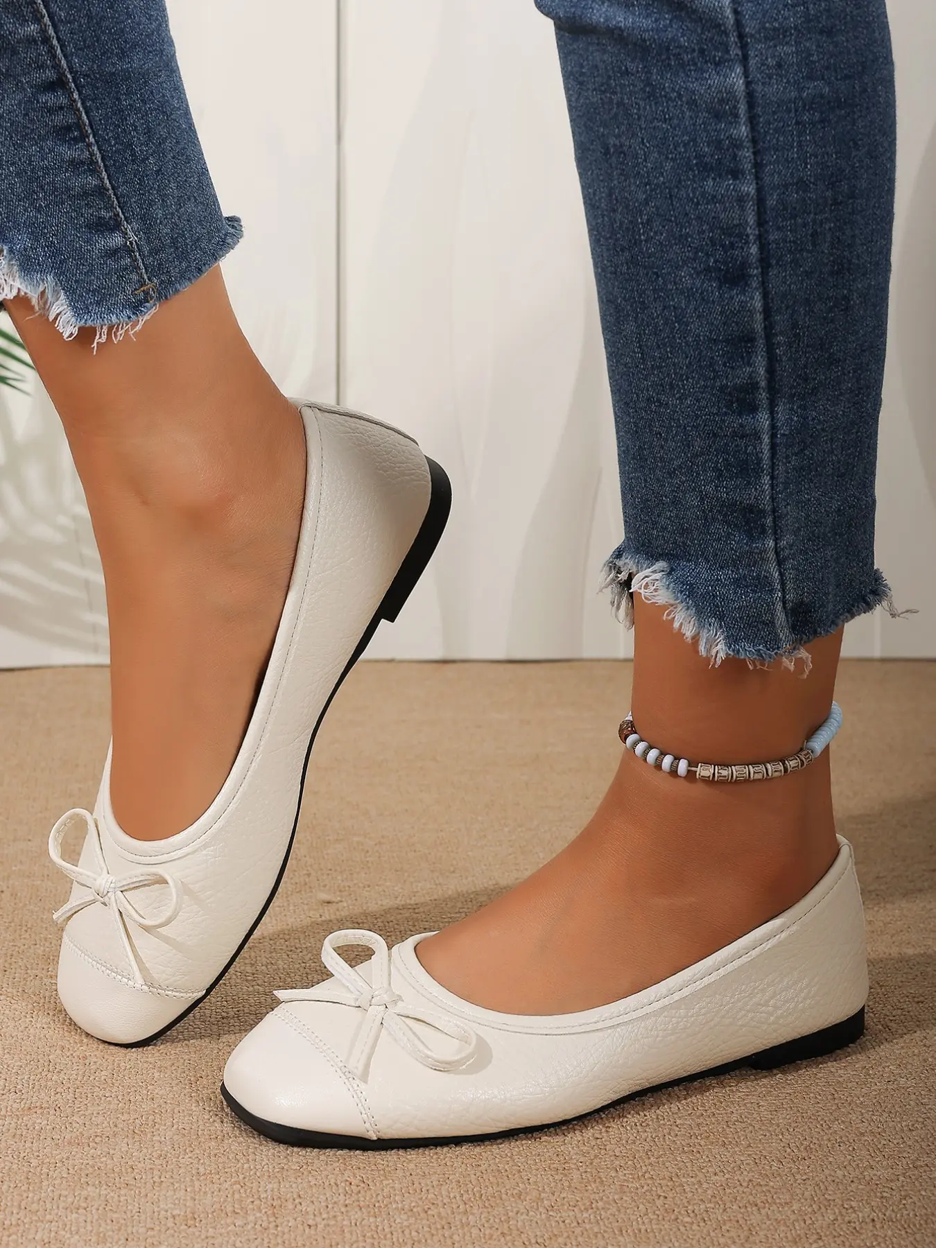 2026 New Style Bestseller, French Retro Gentle Style, Square Toe Cap Toe Bow Ballet Flats, Pebbled Flexible Leather, Thin Soft Sole Breathable Comfort, All Day Walking, Suitable For Women Foot Shapes, Commute Shopping Daily Travel Outf, Flat Shoes